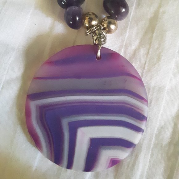 Amethyst Chips? Purple Silvertone Beads Agate Pendent? Necklace-read description - Picture 9 of 10